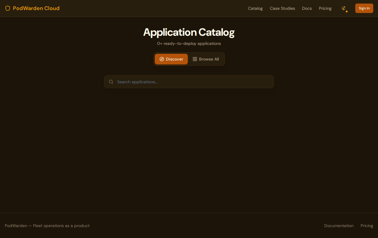 Application Catalog page with 'Discover' and 'Browse All' tabs and a search bar — no login required