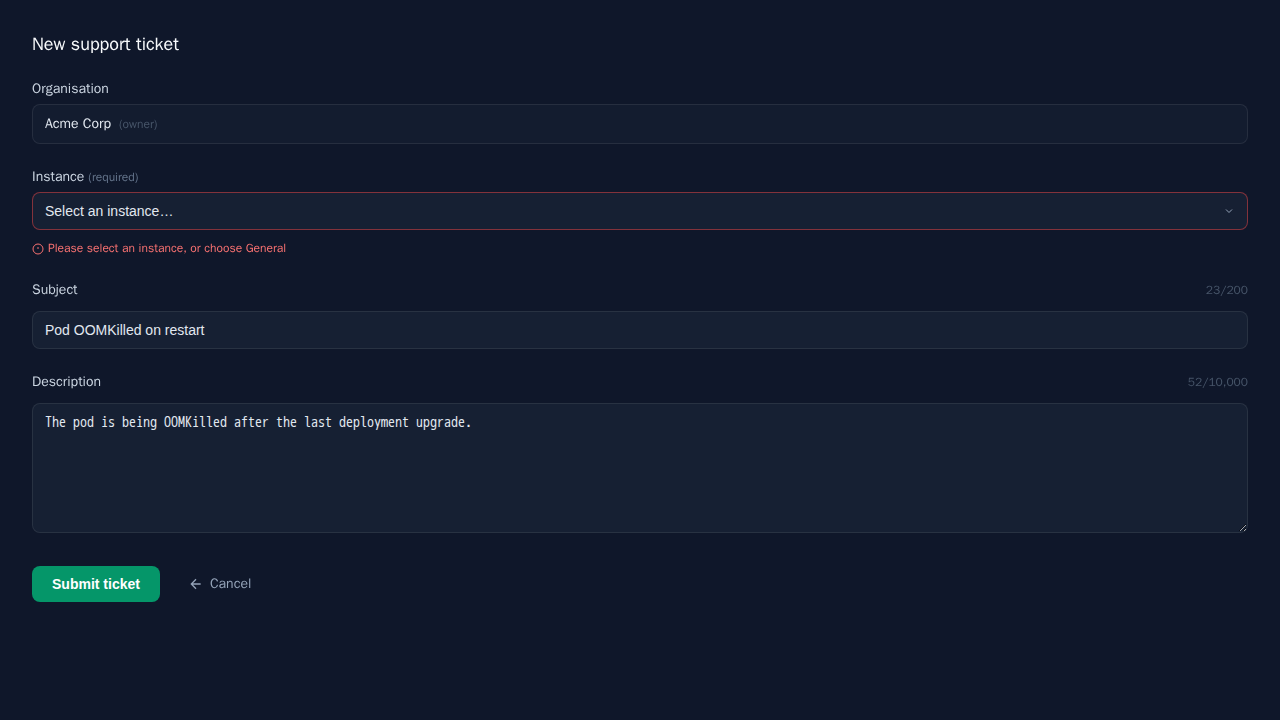 Ticket create form showing an instance not accessible error after submission