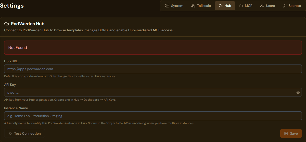 PodWarden Hub settings showing Hub URL, API Key, and Instance Name fields with placeholder text