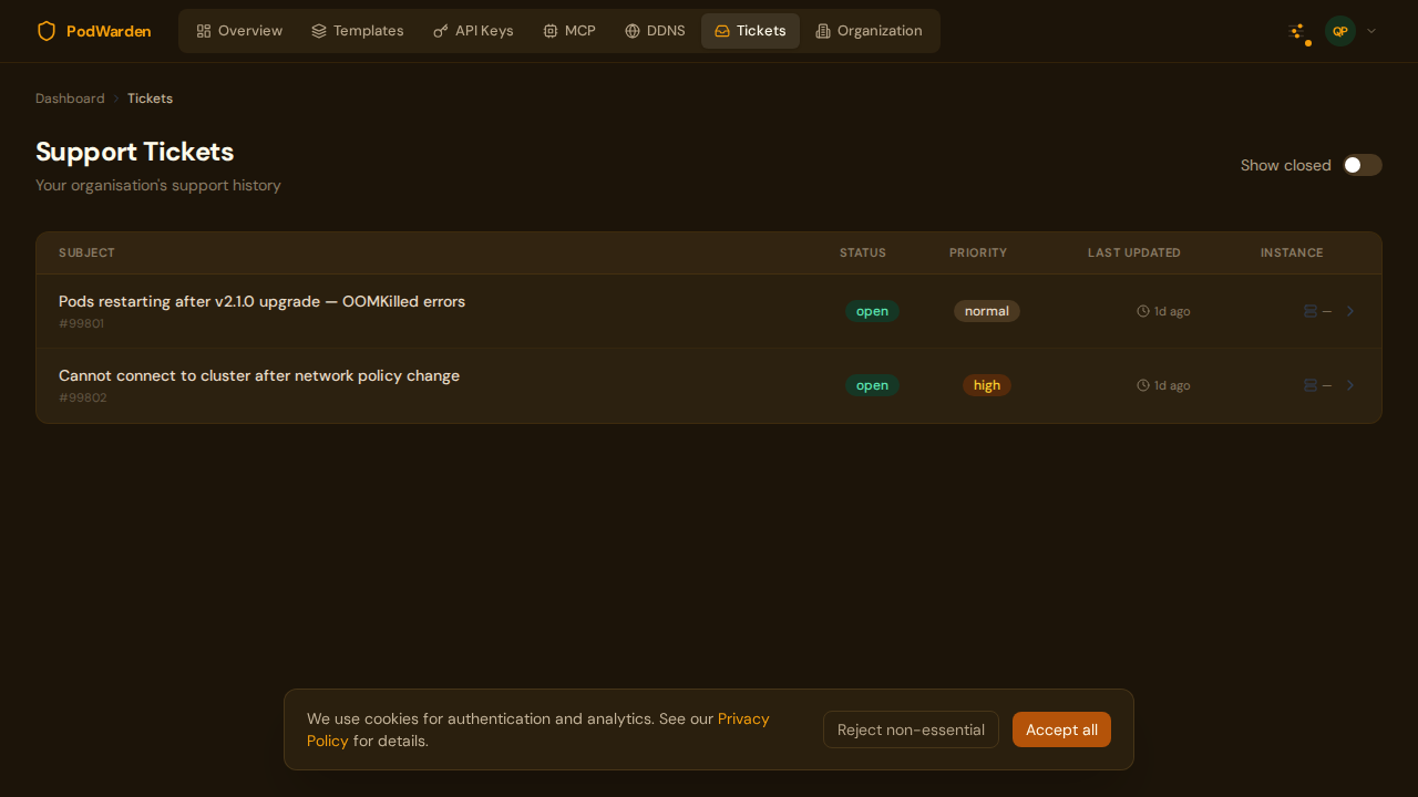 Support tickets list with open tickets showing subject, status, and last-updated columns