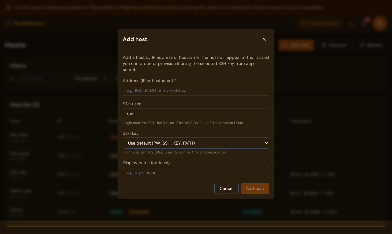 PodWarden add host modal