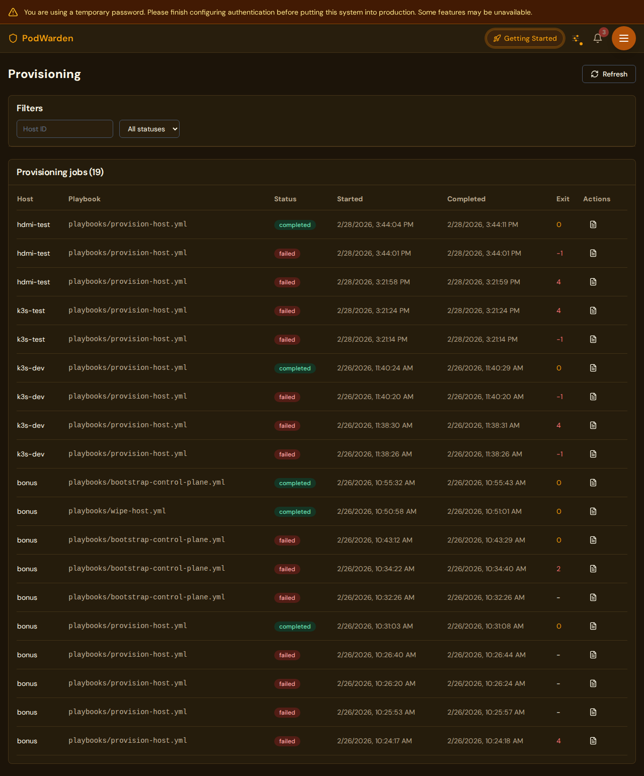PodWarden provisioning log viewer showing Ansible output