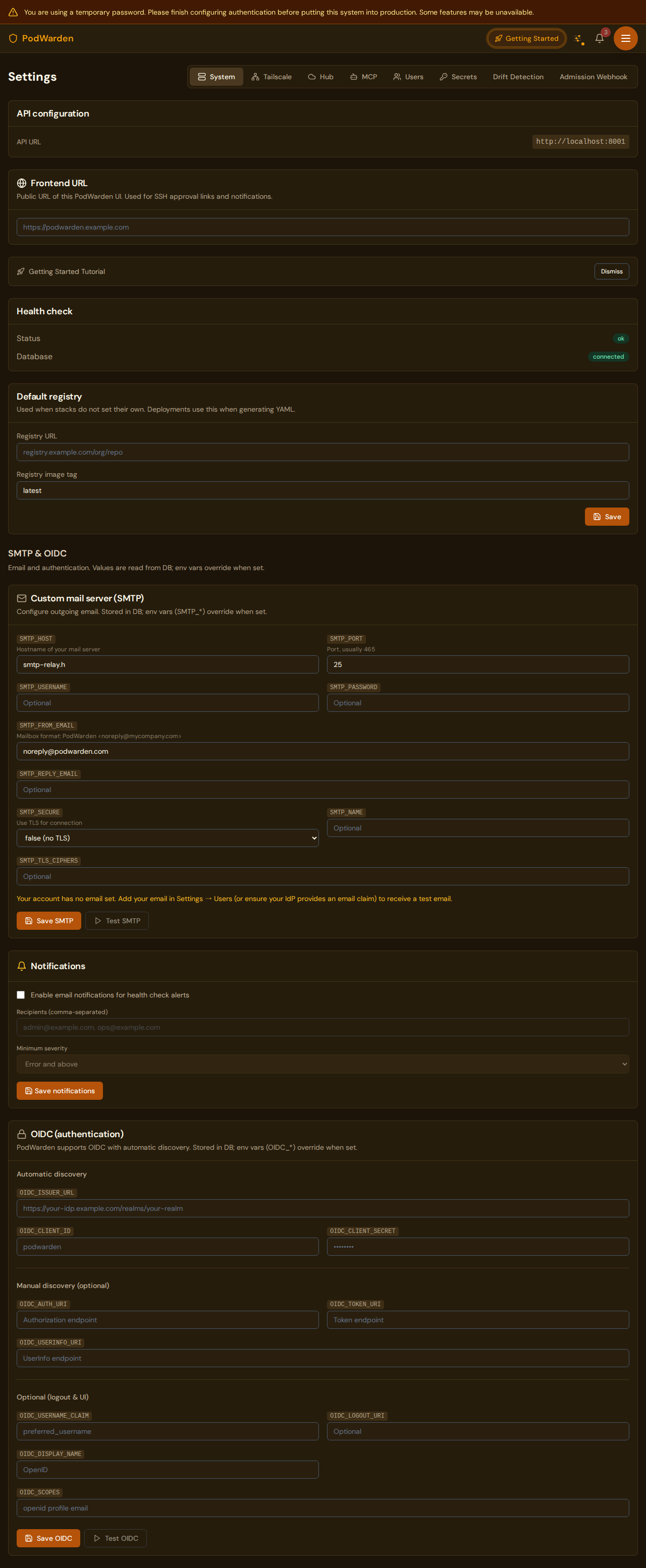 PodWarden system settings page showing SMTP and OIDC configuration