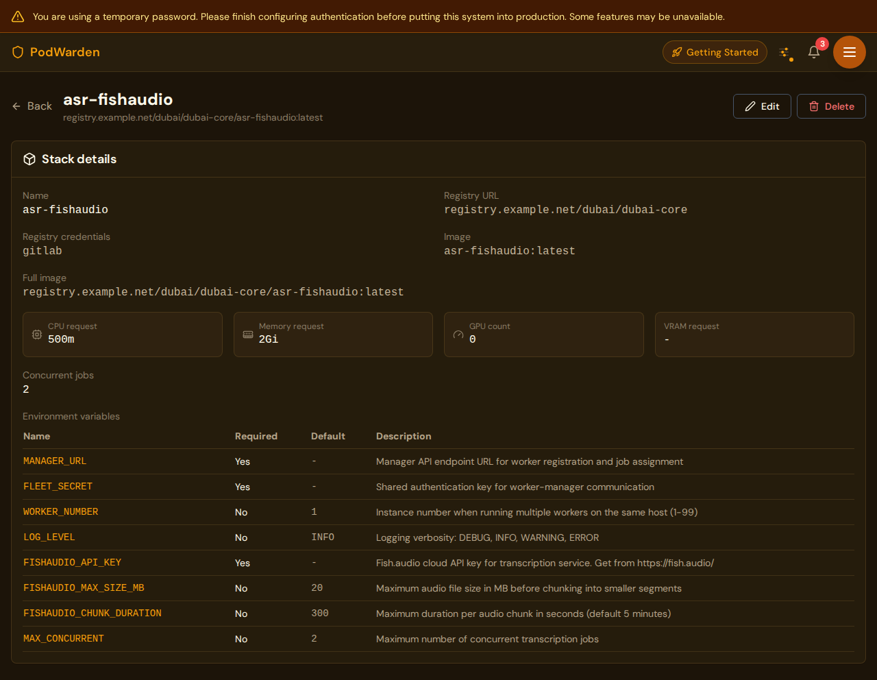 PodWarden stack detail page